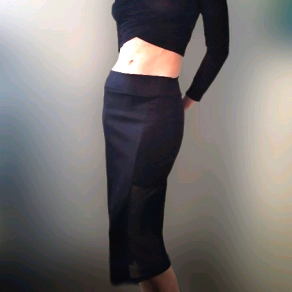 Forever 21 Midi Pencil Skirt Black Sheer Accent